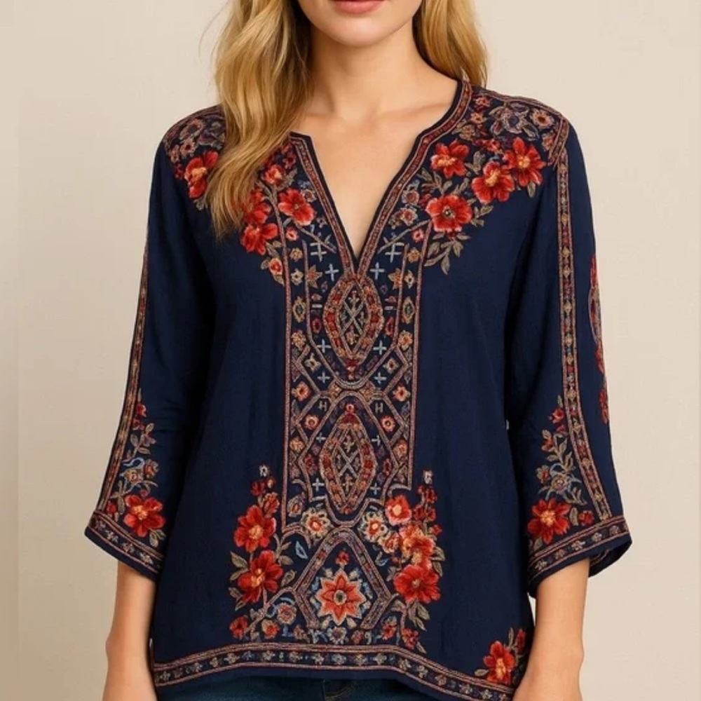 Johnny Was Navy Blue Blouse with Red Floral Embroidery